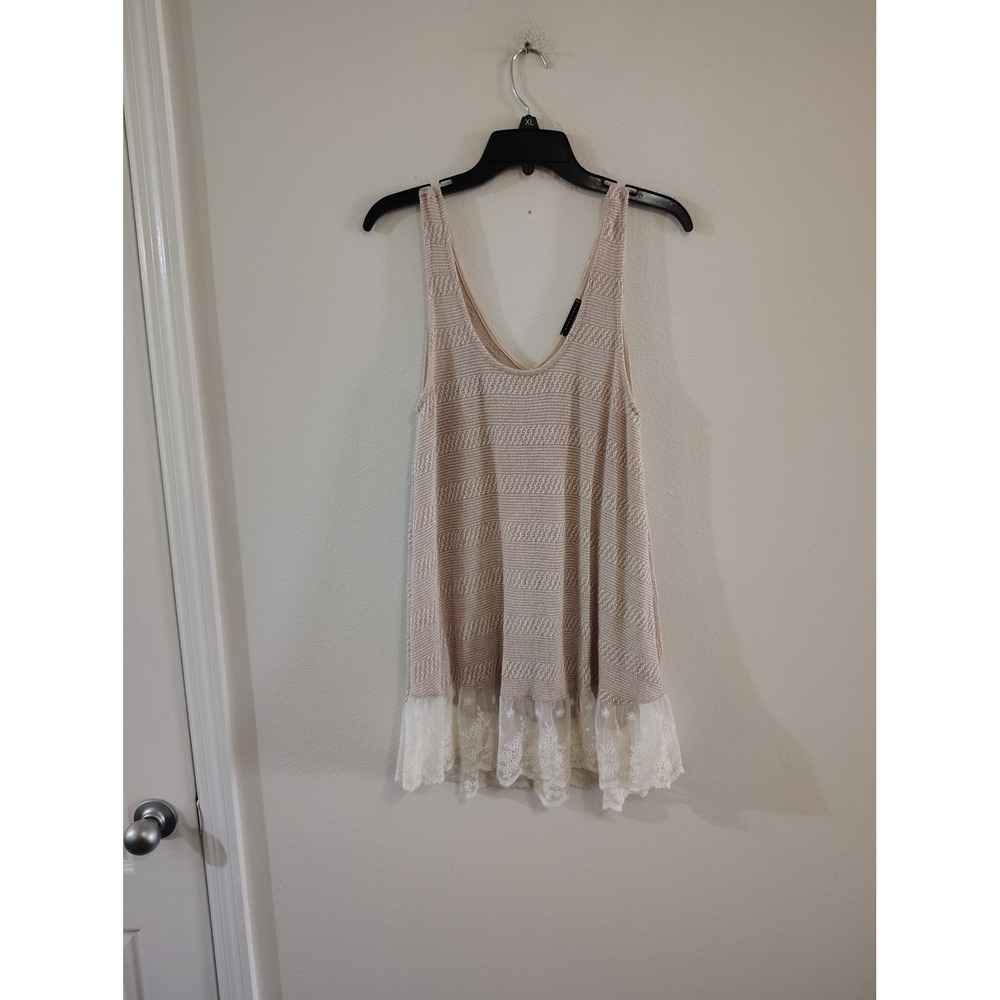 Staccato Womens Beige Chevron Knit Lace Trim V-Neck Tunic Tank Top Large 12287A